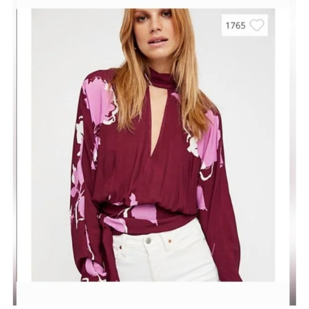Free People Plum and Light Pink Floral Wrap Blouse